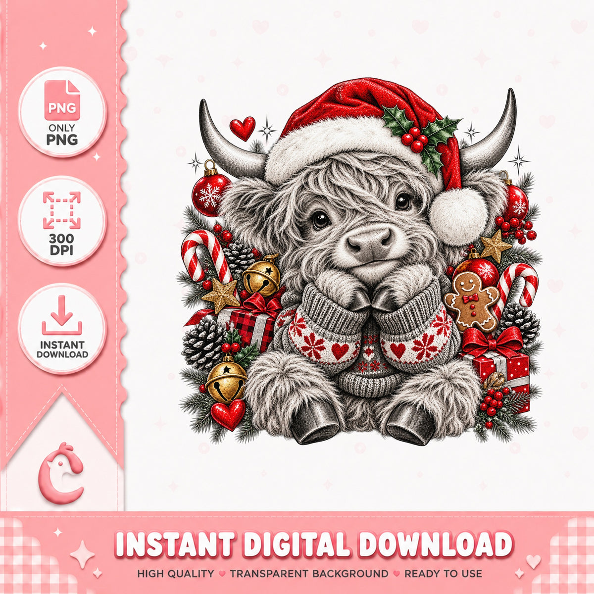 Christmas Highland Cow PNG, Santa Hat Cow Clipart, Holiday PNG