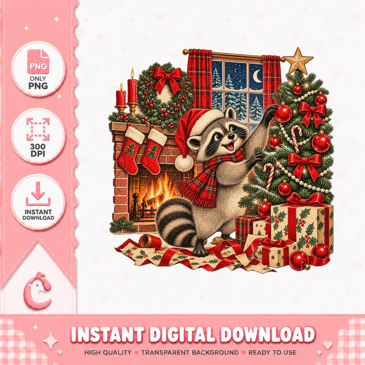 Christmas Raccoon PNG, Holiday Fireplace Clipart, Instant Download PNG