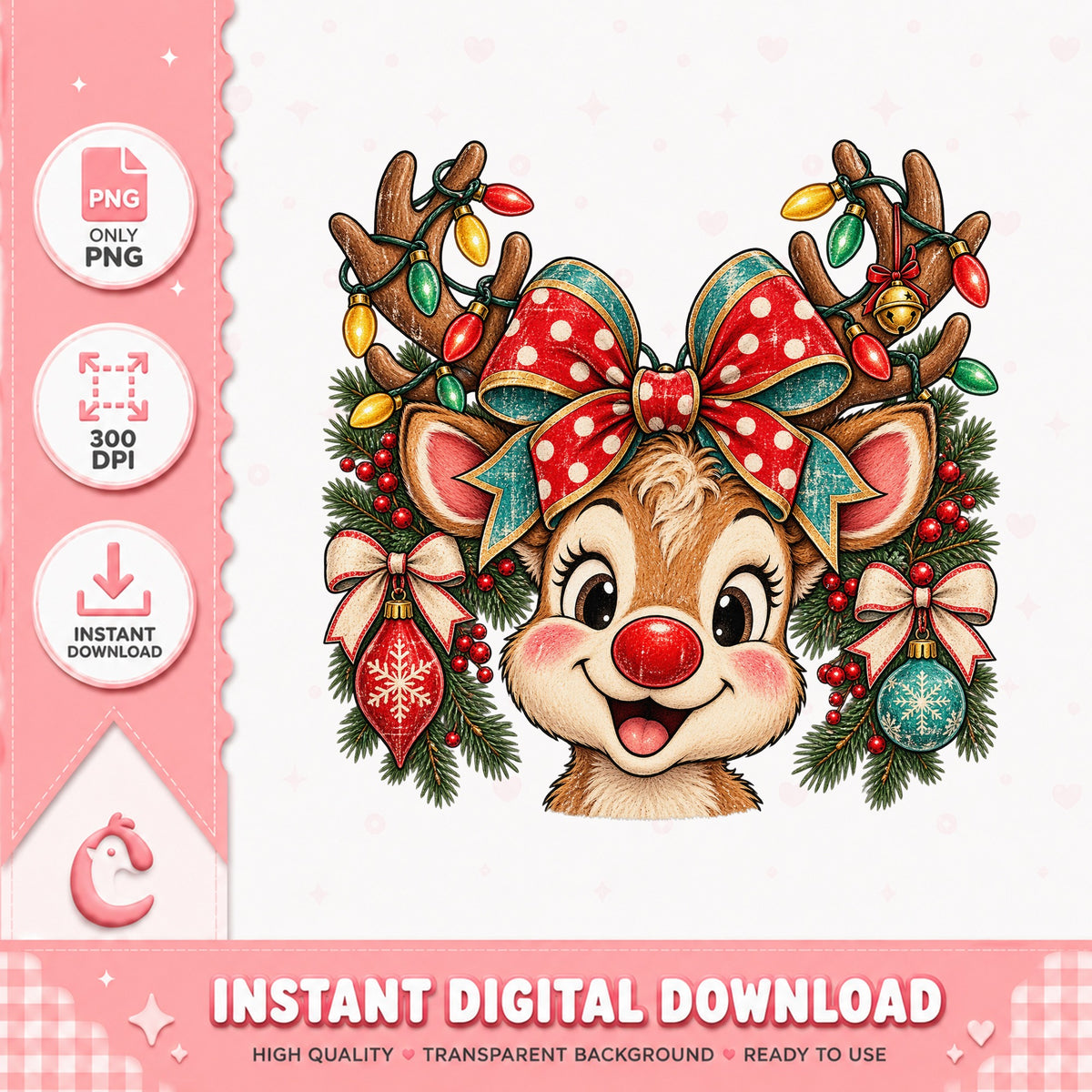 Christmas Reindeer PNG, Holiday Deer Clipart, Xmas Lights PNG