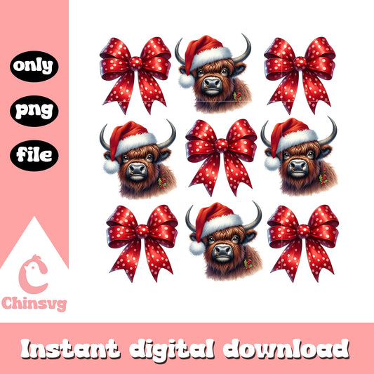 Christmas highland cow coquette bow png, christmas highland cow​ png