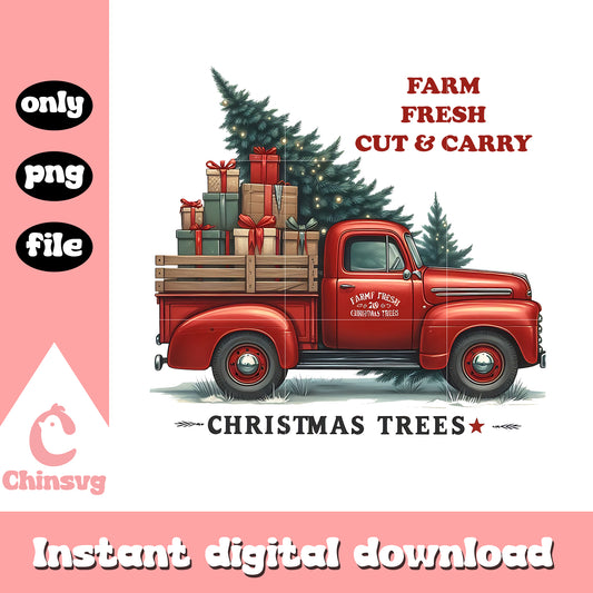 Christmas red truck with pine tree png, christmas tree png​