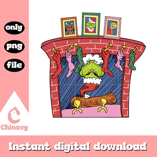 Christmas fireplace grinch design png, grinch character png
