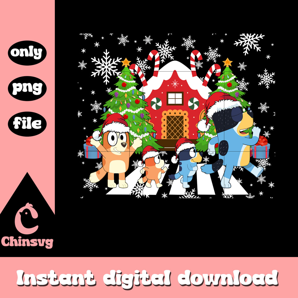 Christmas house and bluey family design png, bluey family christmas png
