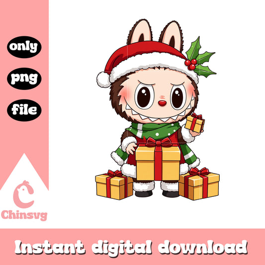 Christmas labubu with presents png, labubu color png