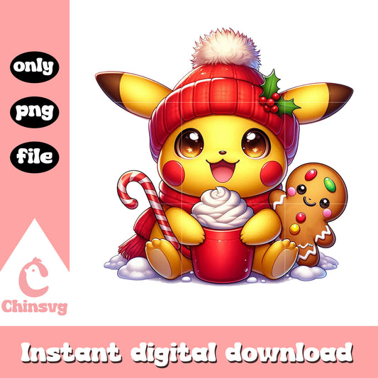 Christmas pikachu and hot chocolate  png, candy canes png