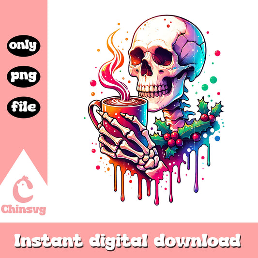 Christmas skeleton holding coffee png, christmas skeletons​ png