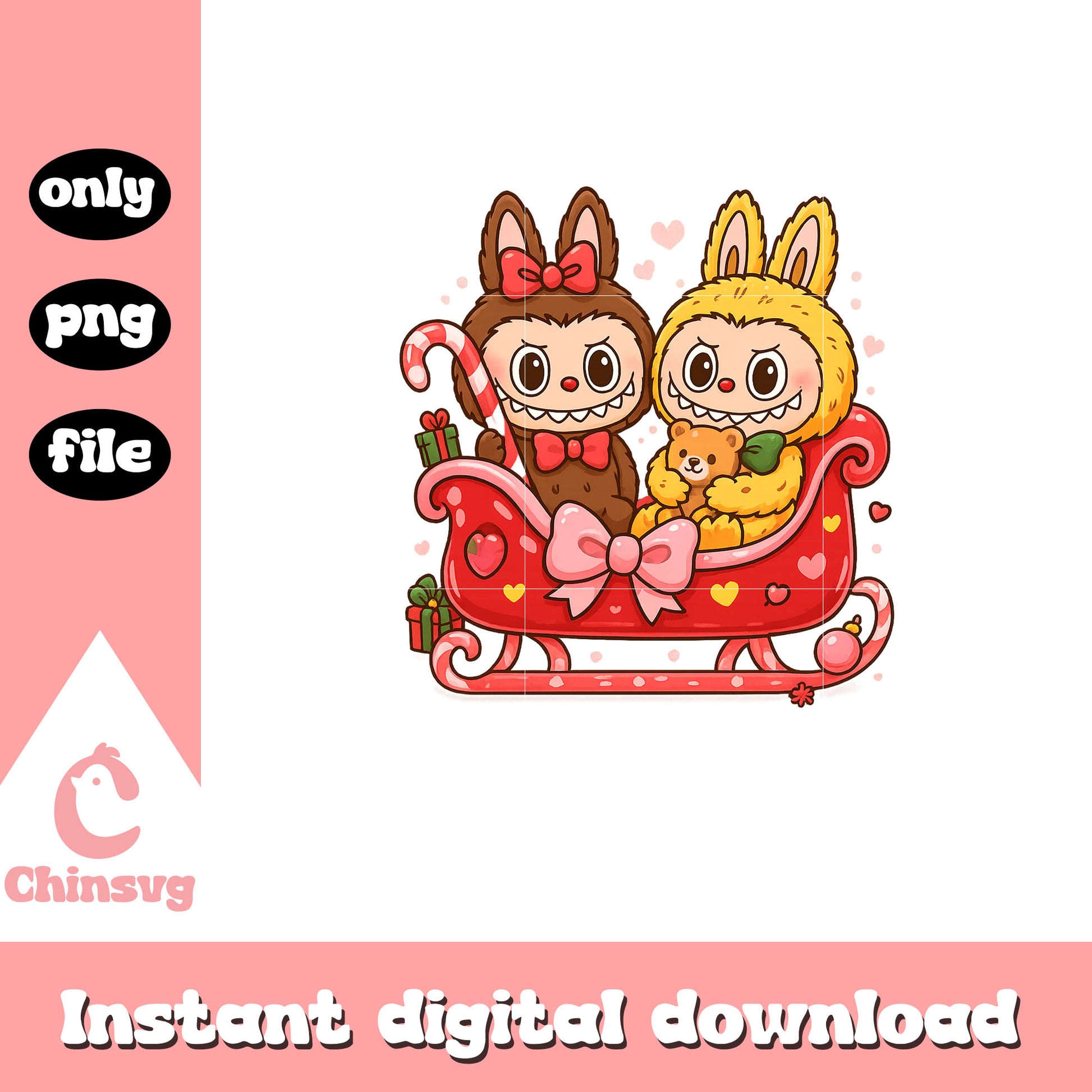 Christmas sleigh and labubu dolls png, labubu christmas png