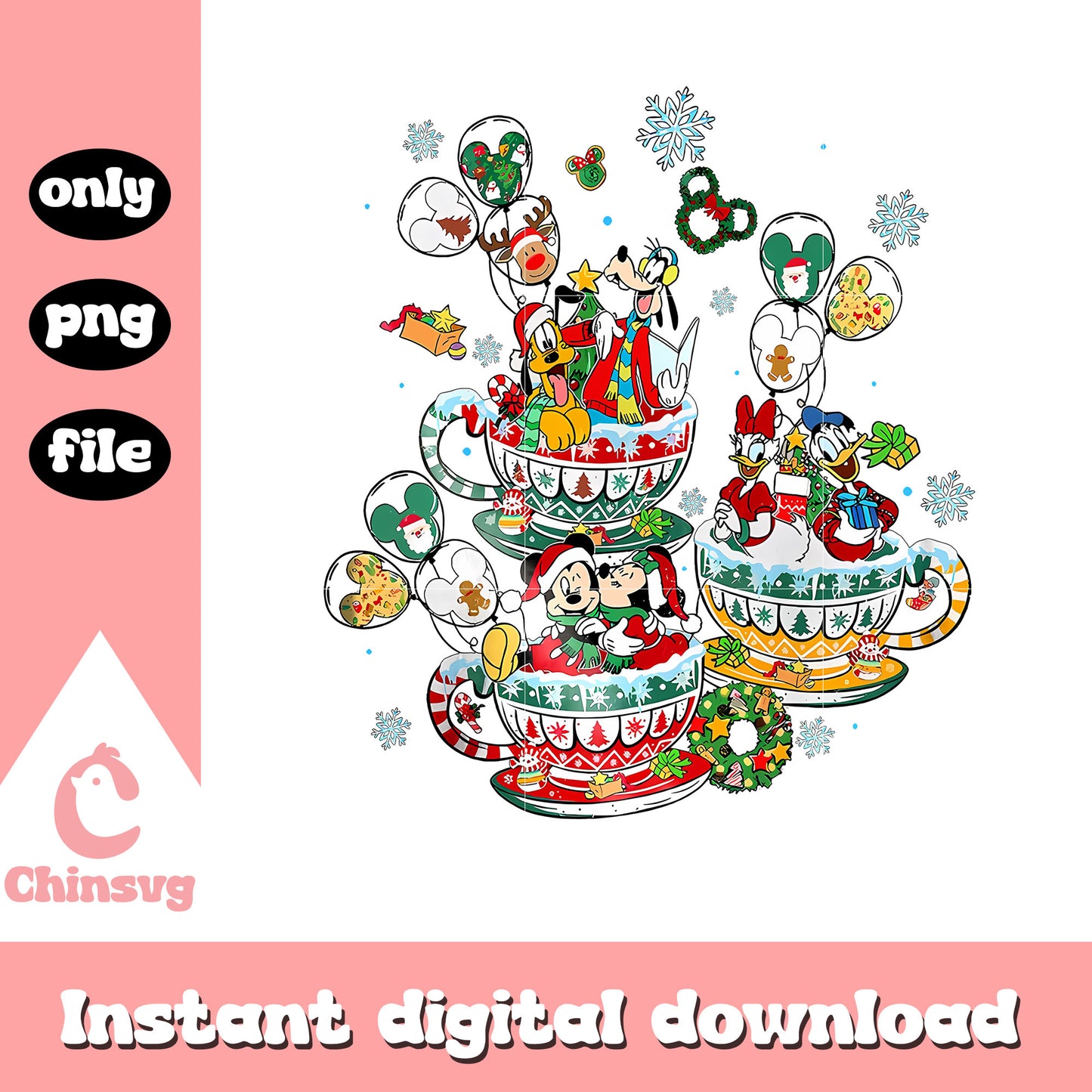 Christmas tea cups mickey friends png, christmas cups png