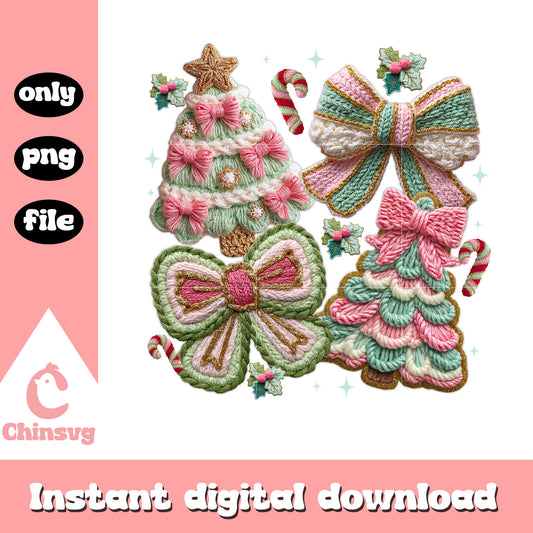 Christmas tree and bow yarn crochet png, christmas decor png
