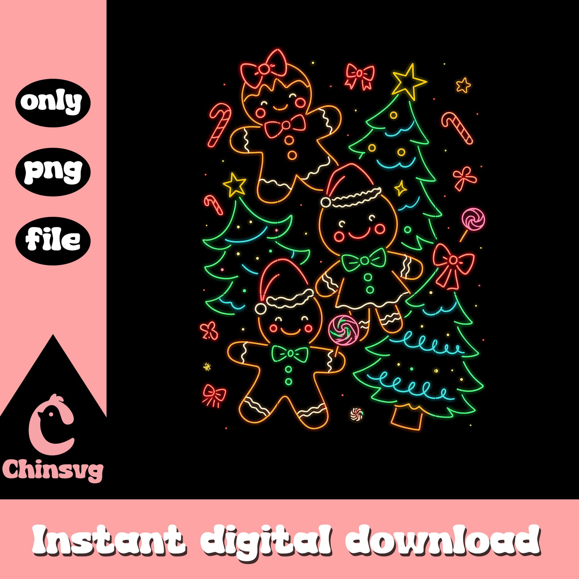 Christmas trees gingerbread neon design png, happy x'mas png