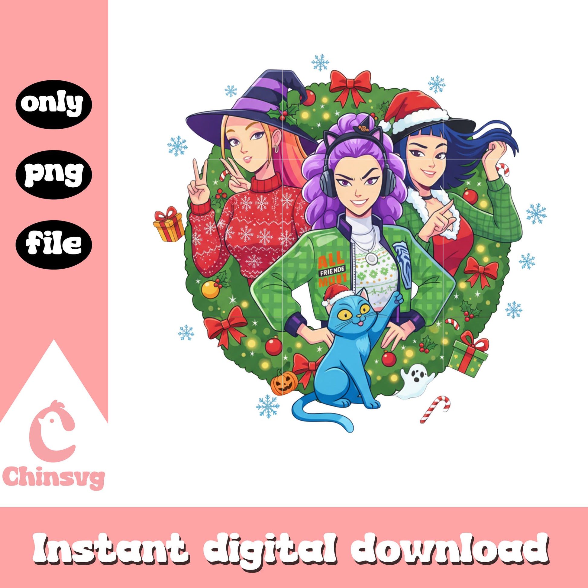 Christmas wreath huntrix kpop demon png, huntrix characters png