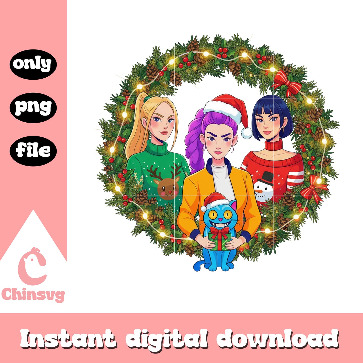 Christmas wreath huntrix members design png, christmas decor png