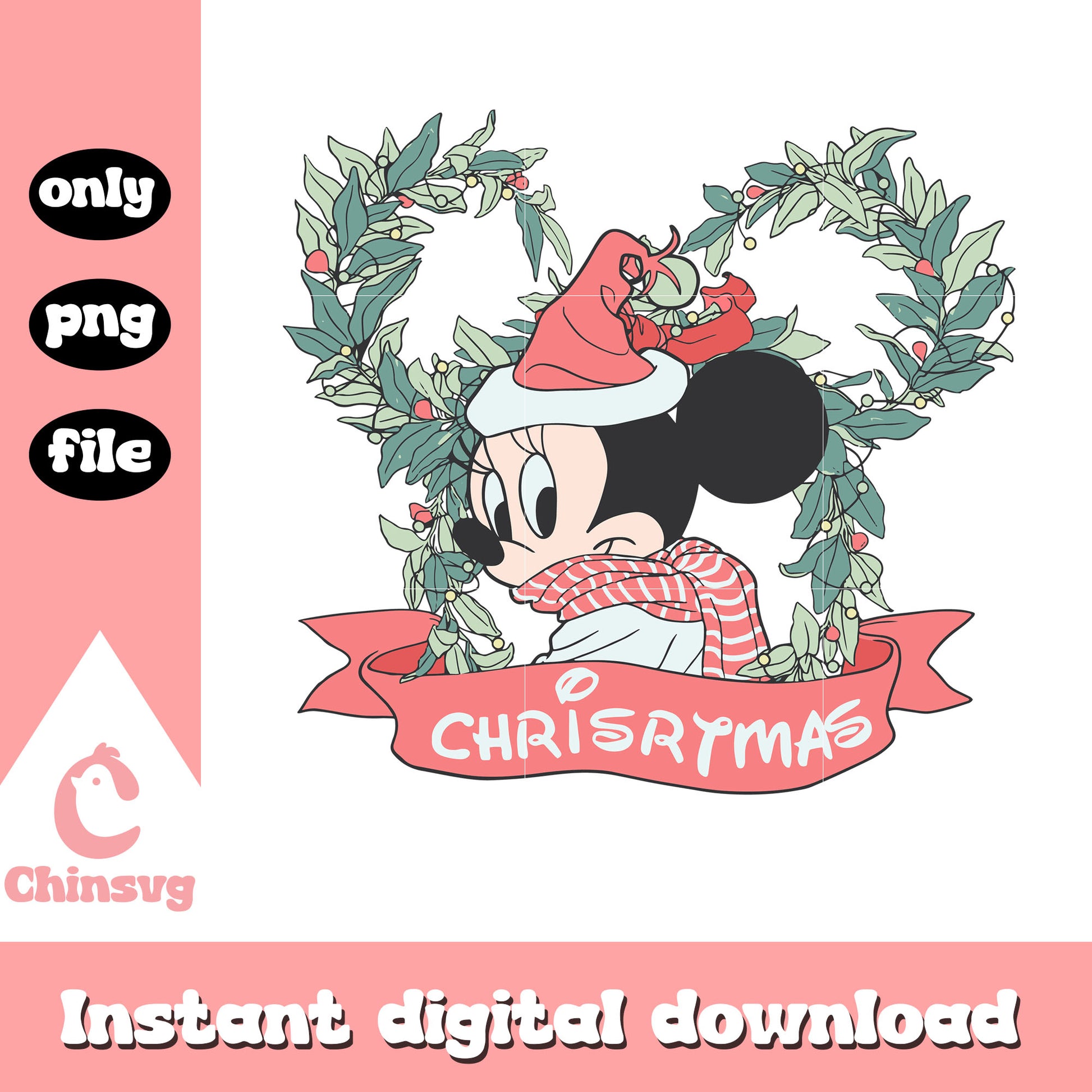Christmas wreath minnie disney retro png, xmas eve holiday png