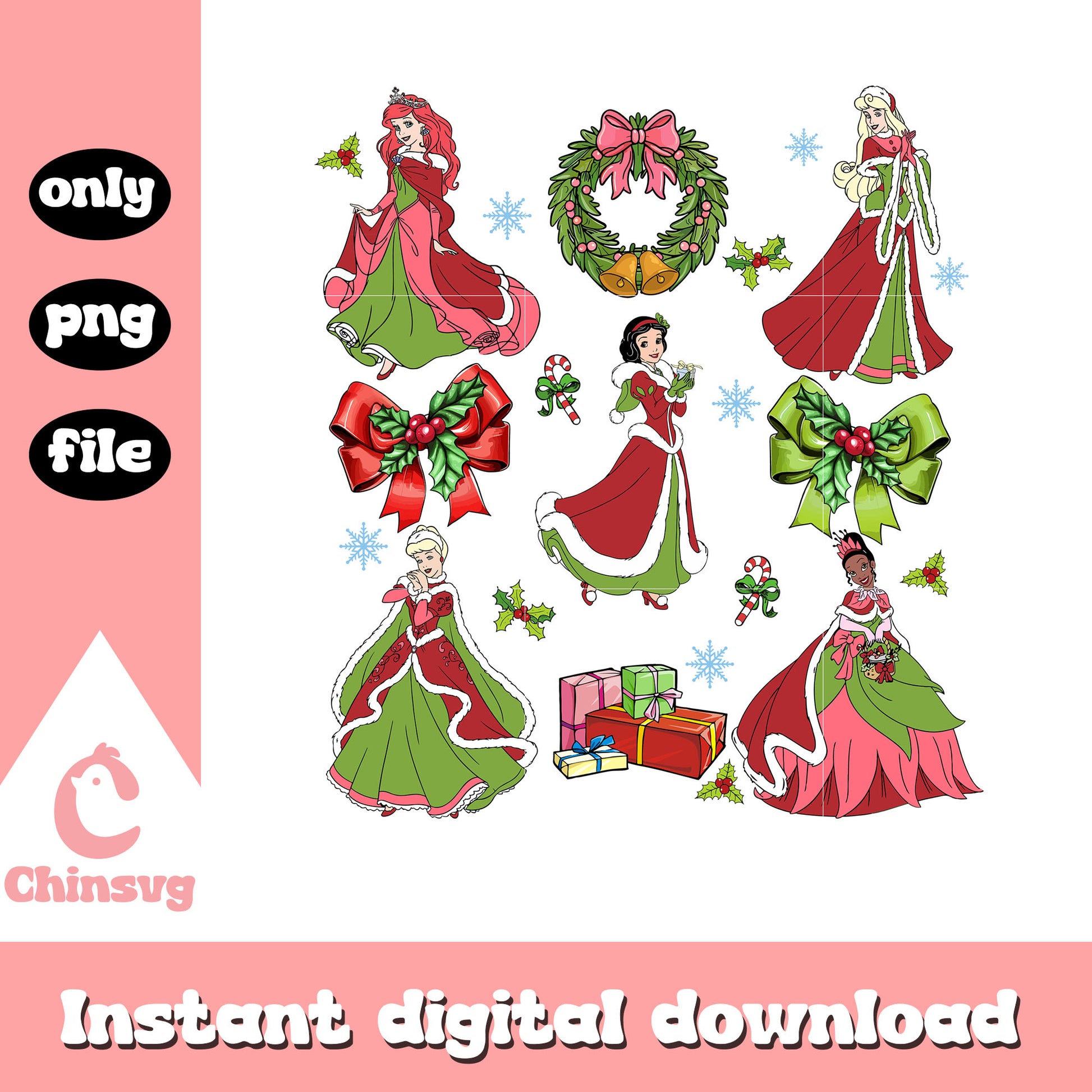 Christmas wreath princess clipart png, christmas ornaments png