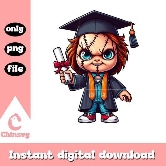 Chucky chibi graduation day design png, spooky chucky png