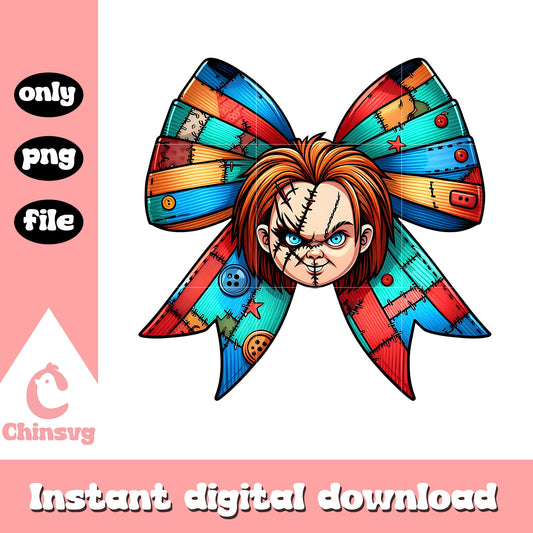 Chucky face bow halloween design png, happy halloween chukcy png