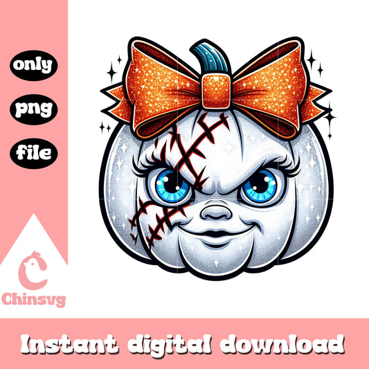 Chucky face bow pumpkin halloween design png, happy halloween png