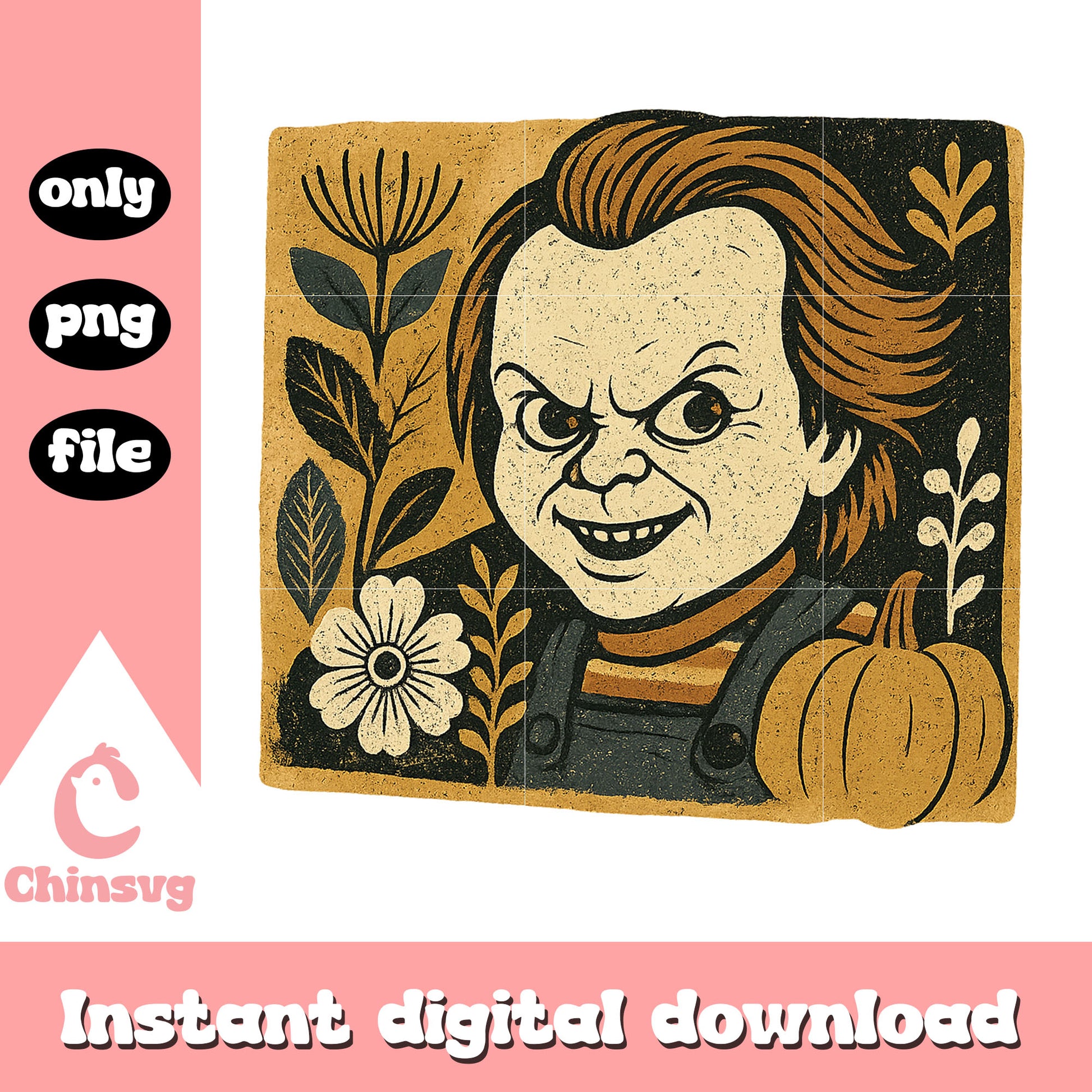 Chucky floral portrait clipart png, chucky movies png
