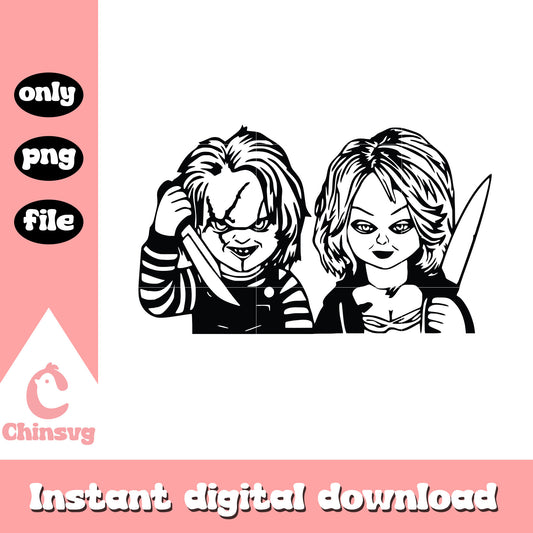 Chucky halloween killer doll outline png, chucky and girl png