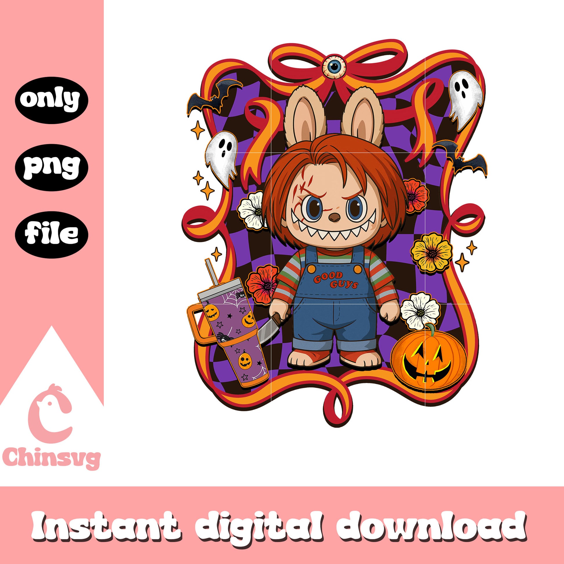Chucky halloween labubu bow png, chucky child's play png