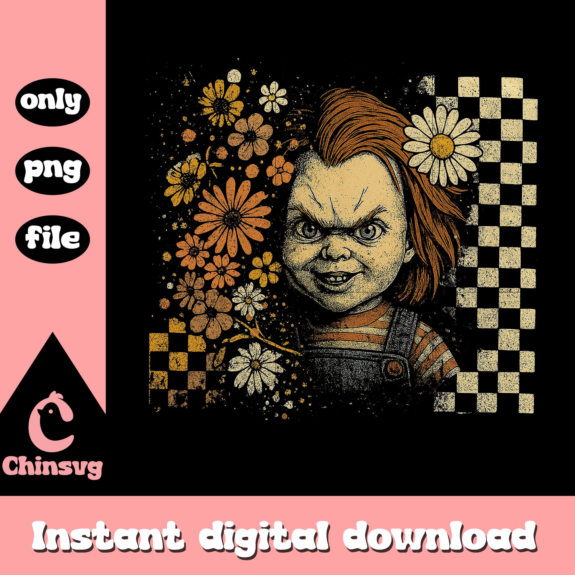 Chucky head floral design png, chucky halloween mask png