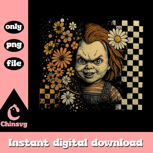 Chucky head floral design png, chucky halloween mask png