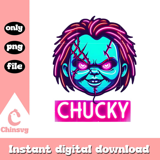 Chucky head neon halloween design png, halloween chucky png