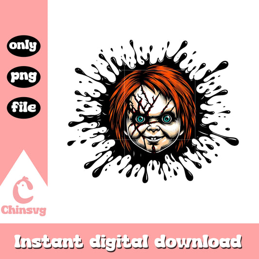 Chucky head splatter effect png, chucky head horror movie png