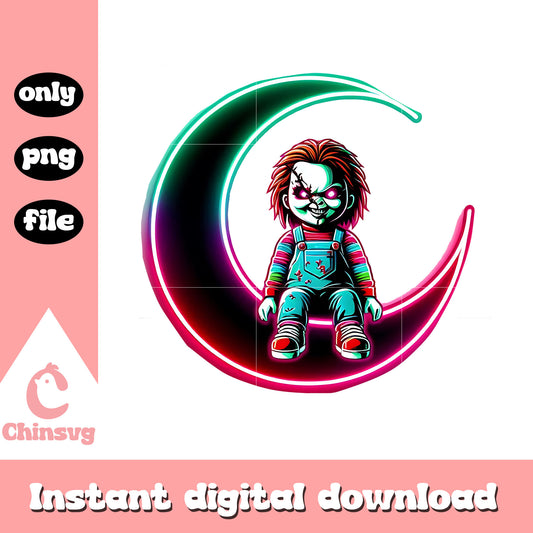 Chucky moon neon halloween design png, halloween child's play png