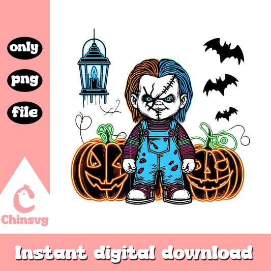 Chucky pumpkin halloween design png, child's play halloween png