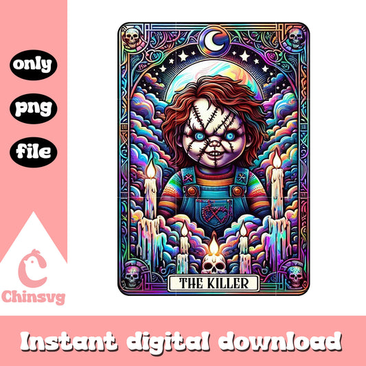 Chucky the killer cloudy fantasy tarot card png, chucky tarot card png