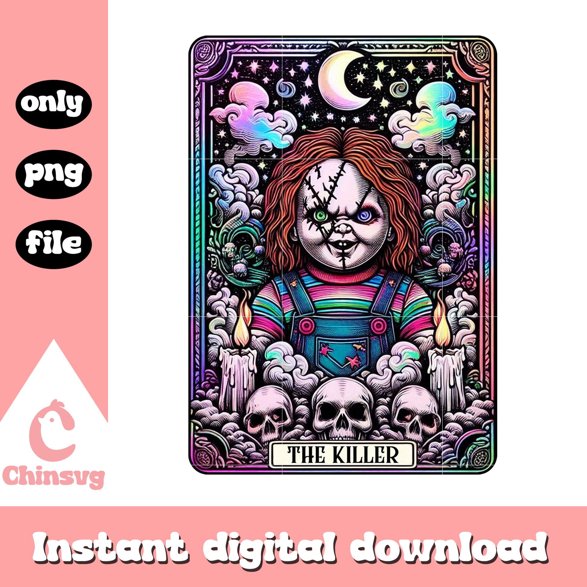 Chucky the killer skull tarot card png, chucky horror card png