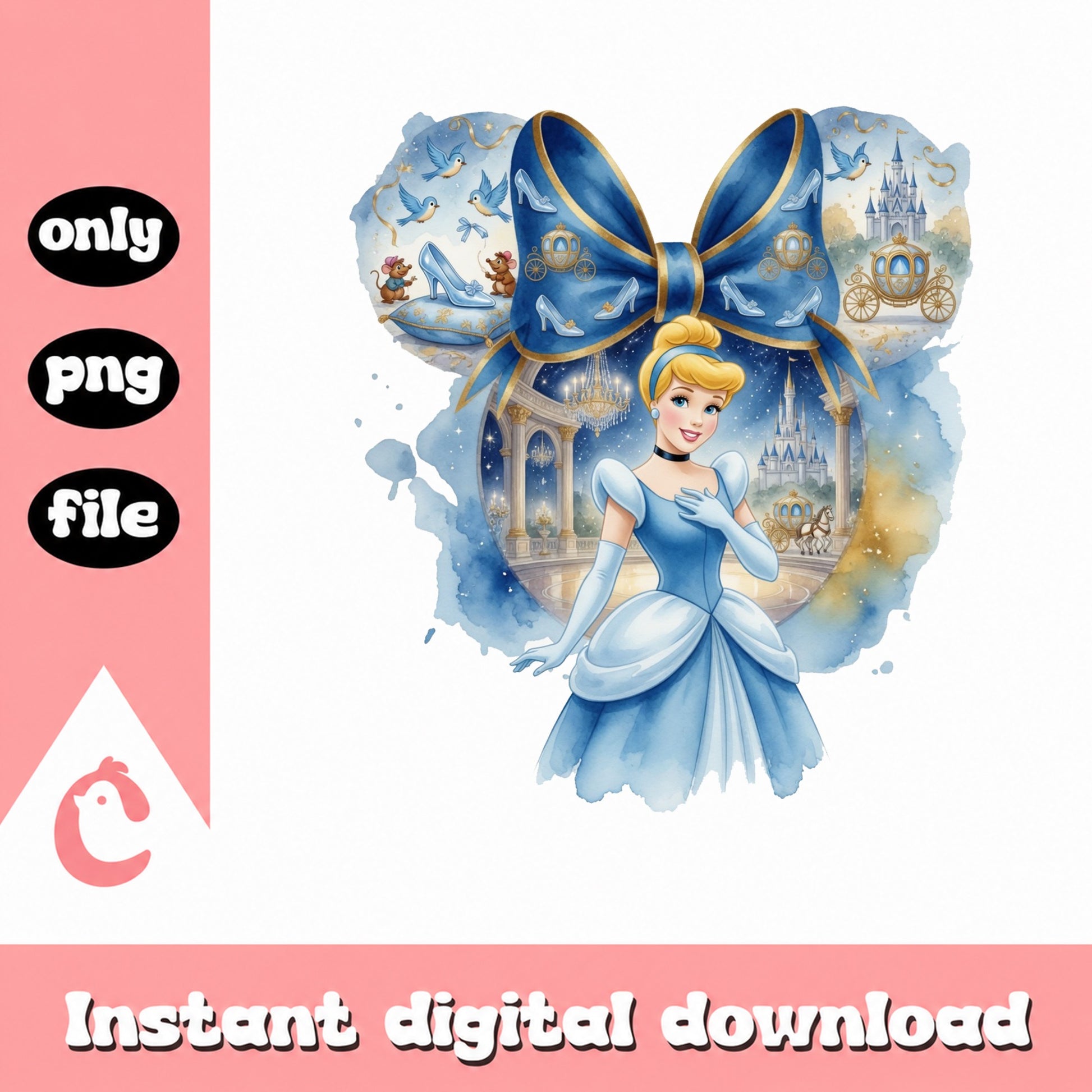 Cinderella Disney Princess Watercolor PNG, Coquette Bow PNG, Disney Castle PNG