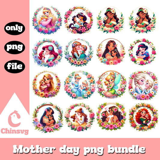 Circle flower princess and children bundle png, princess png, mother day png