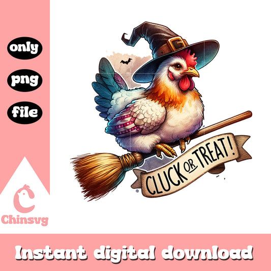 Cluck or treat witch hen design png, halloween holiday png