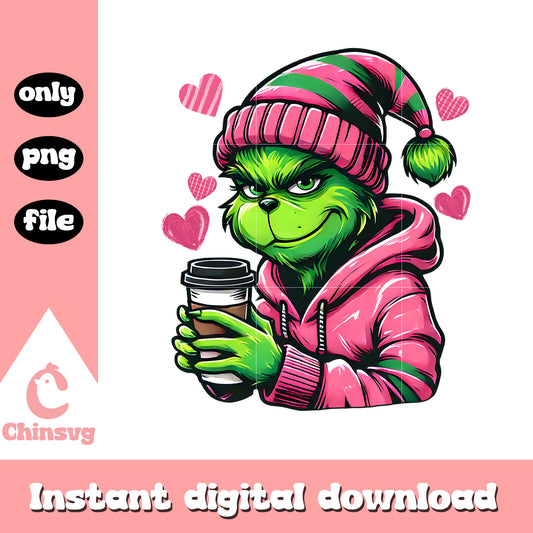 Coffee grinch pink character design png, grinch cartoon png