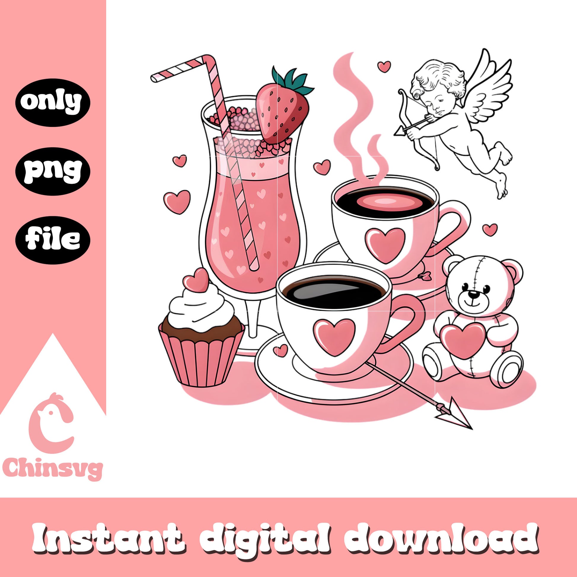Coffee pink cupid valentine png, heart valentine's day​ png