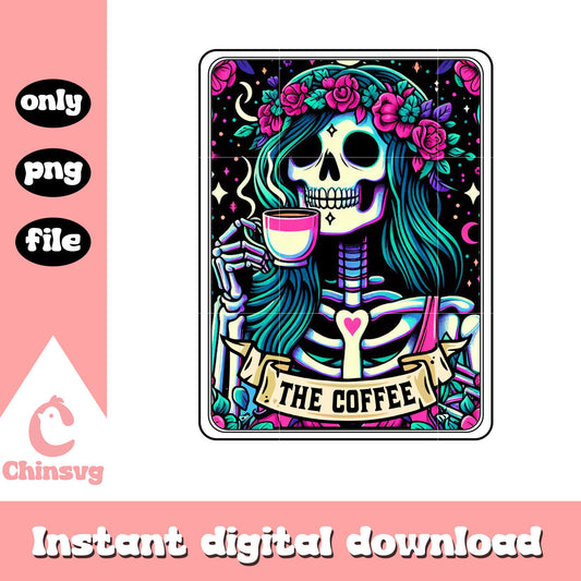 Coffee tarot card png, human skeleton png, tarot cards png