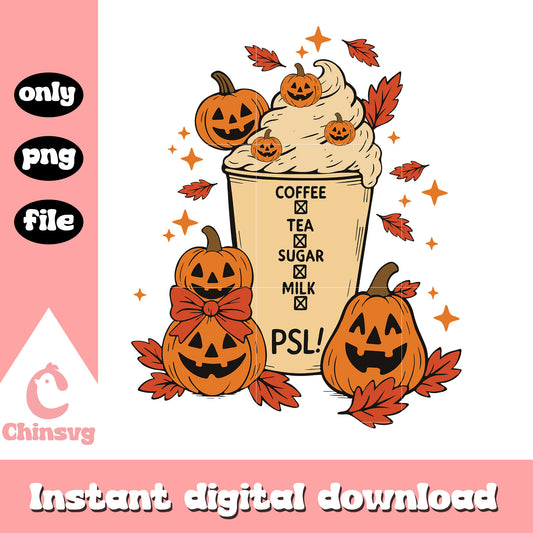 Coffee tea sugar milk cup halloween design png, halloween pumpkin png
