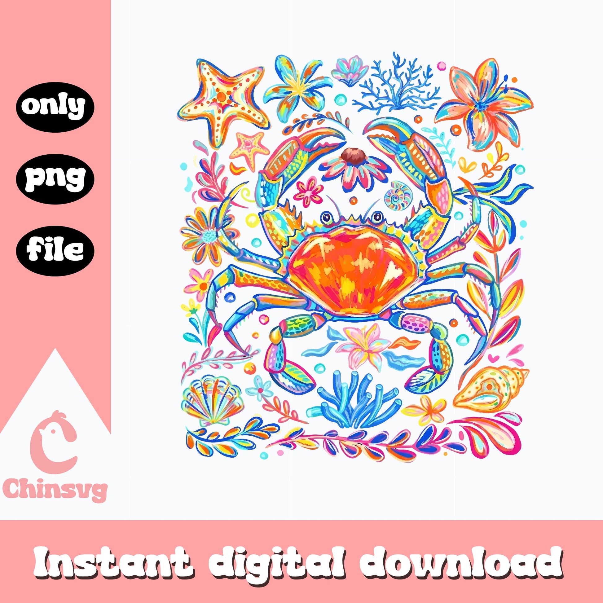 Colorful Crab Clipart PNG, Ocean Floral Design, Beach Summer PNG