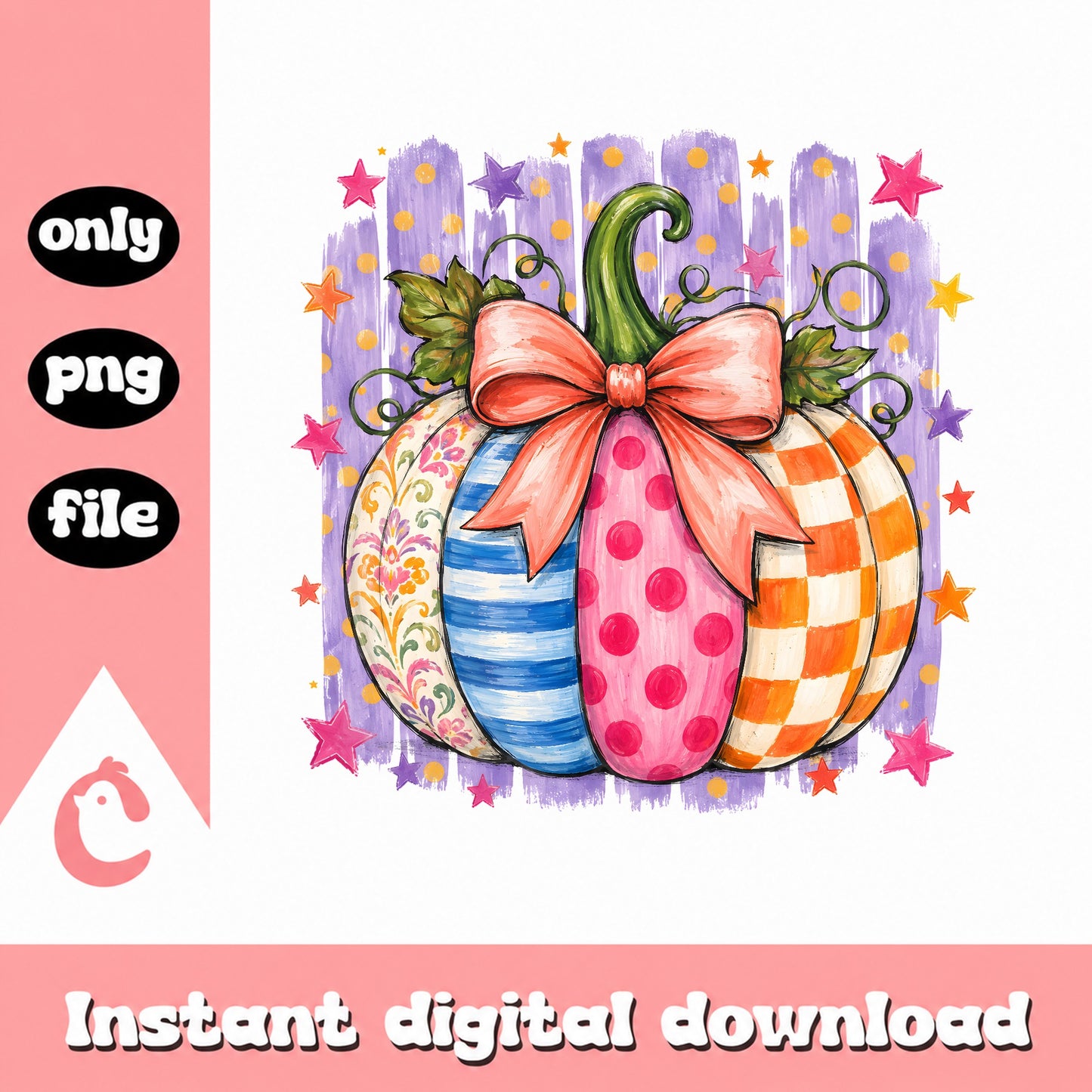 Colorful Pumpkin With Bow PNG, Fall Autumn Clipart, PNG File