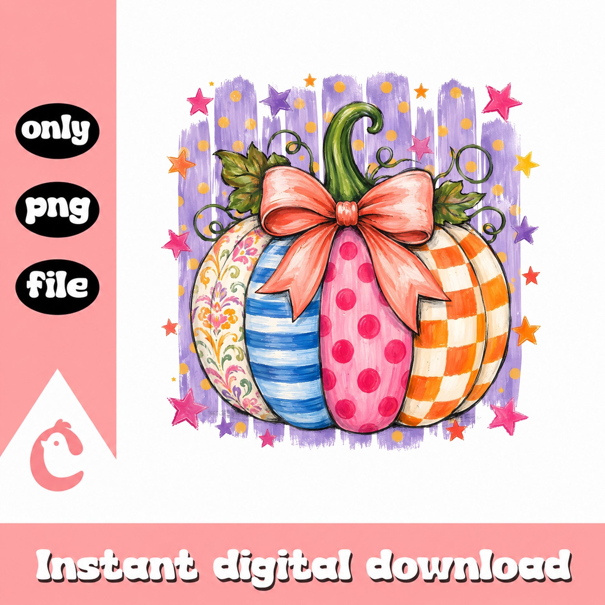 Colorful Pumpkin With Bow PNG, Fall Autumn Clipart, PNG File