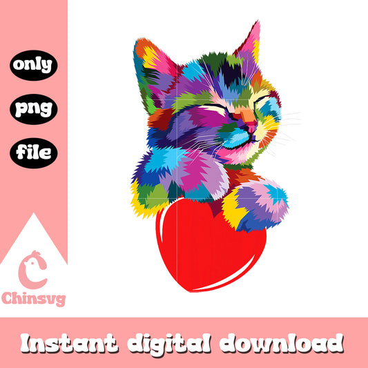 Colorful cat and heart shape png, heart png, cute cat png