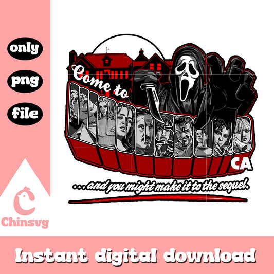 Come to woodsboro horror movie design png, ghostface scream png