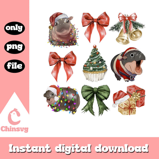 Coquette hippo bow tie christmas design png, hippo meme​ png