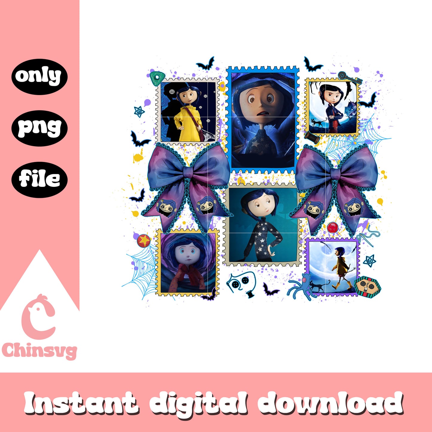 Coquette bow coraline stamp frame design png, coraline images png