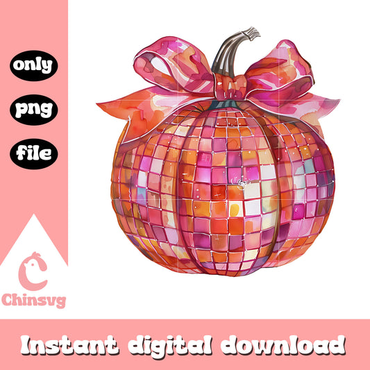 Coquette bow disco pumpkin design png, pumpkin halloween png