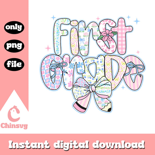 Coquette bow floral first grade design png, back to school season png