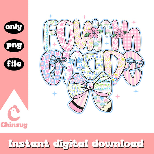 Coquette bow floral fourth grade design png, back to school sign png