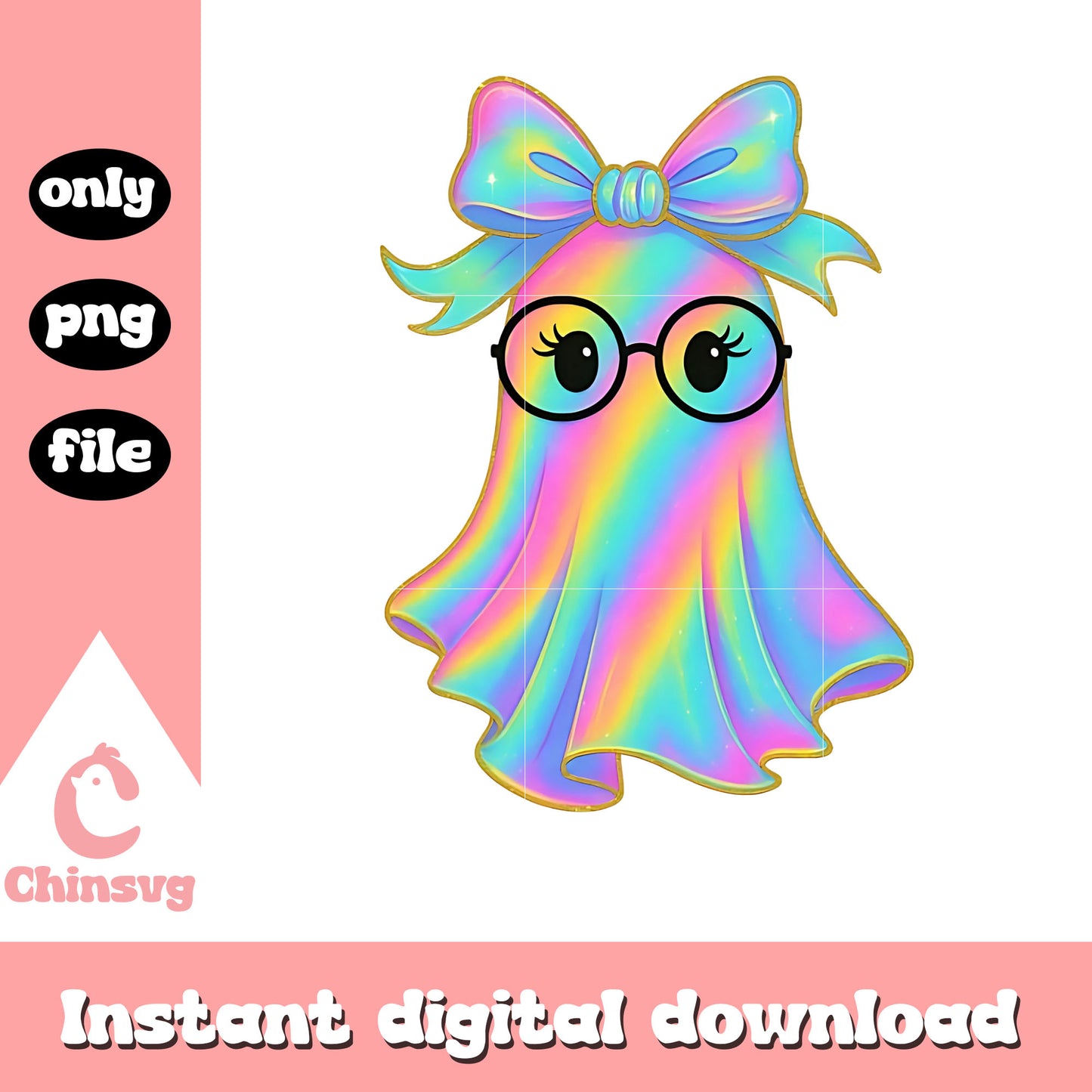 Coquette bow ghost glasses hologram design png, cute ghost png